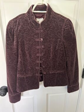 LOFT Plum Velvet Mandarin Collar Jacket with Floral Devore